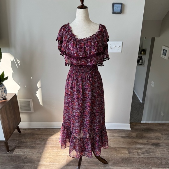 MISA Los Angeles Maribel Off Shoulder Floral Pattern Tiered Pom Pom Midi Dress - Picture 9 of 10